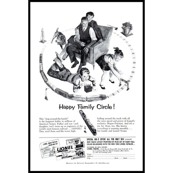 1953 Lionel Trains Happy Family Circle Vintage Print Ad Son Daughter Wall Art - Picture 1 of 1